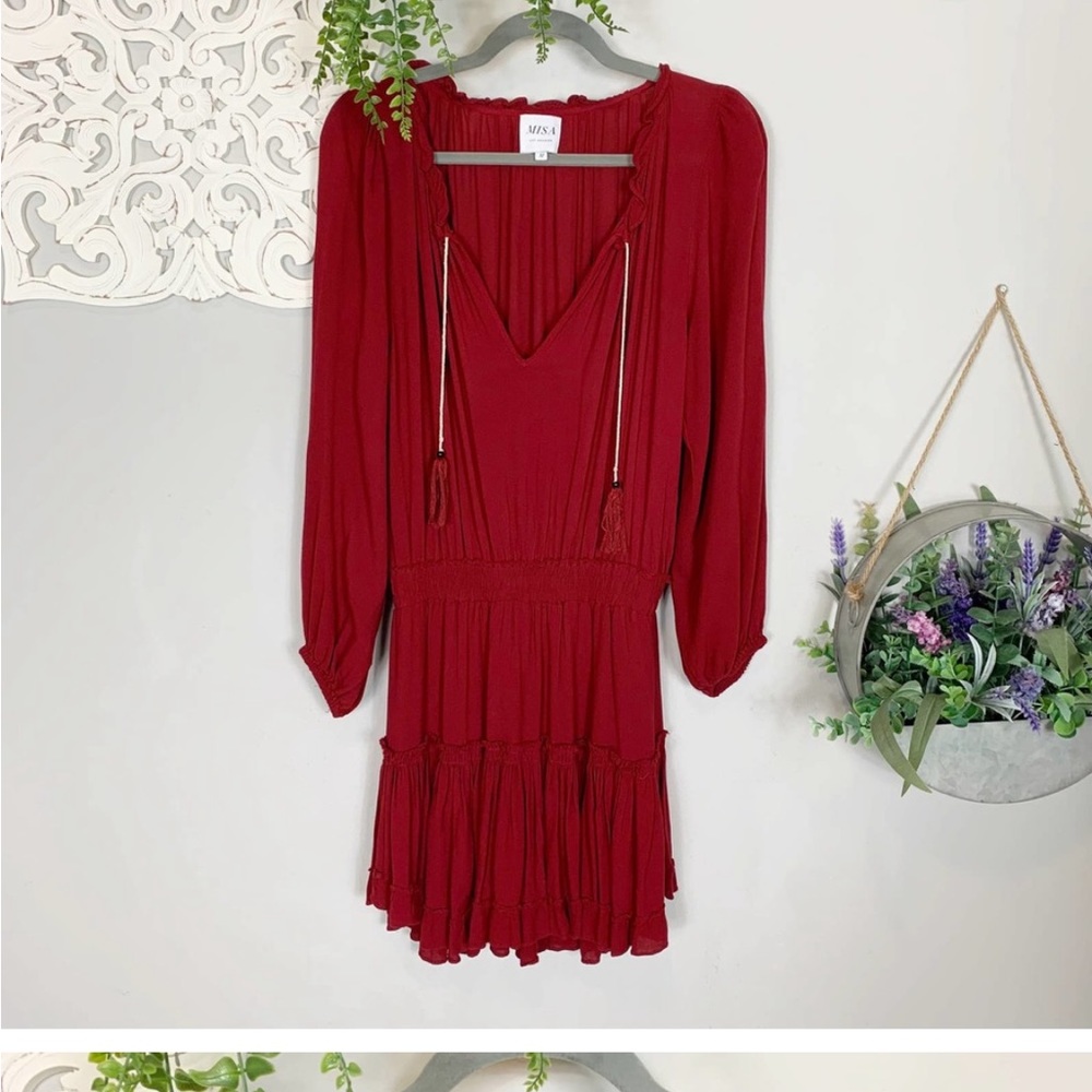 Misa | Lorena Ruffle Cranberry Peasant Dress, M